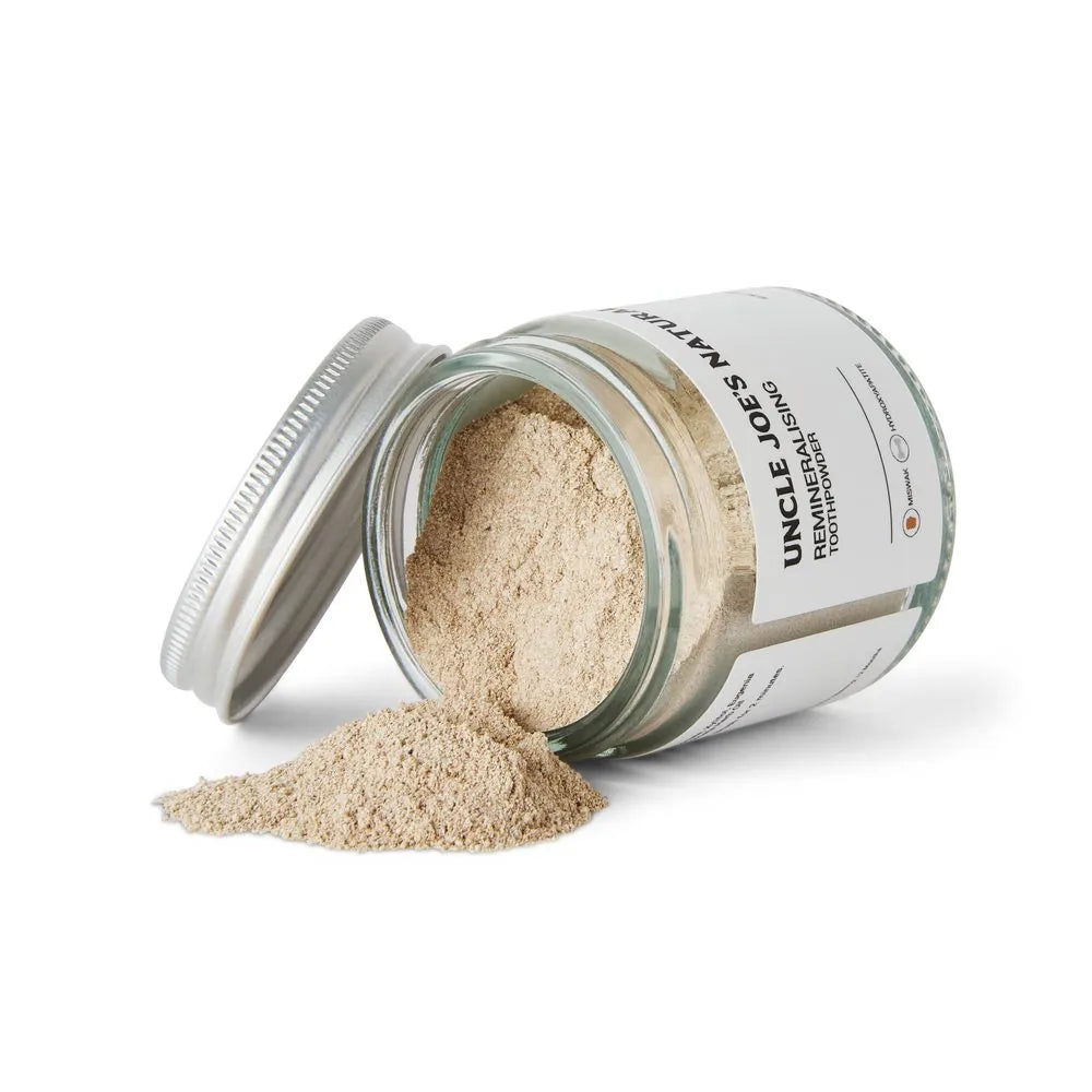 Uncle Joe's remineralising toothpowder jar with powder